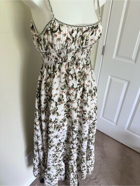 Max Studio White Floral Maxi Dress with Green Leaves